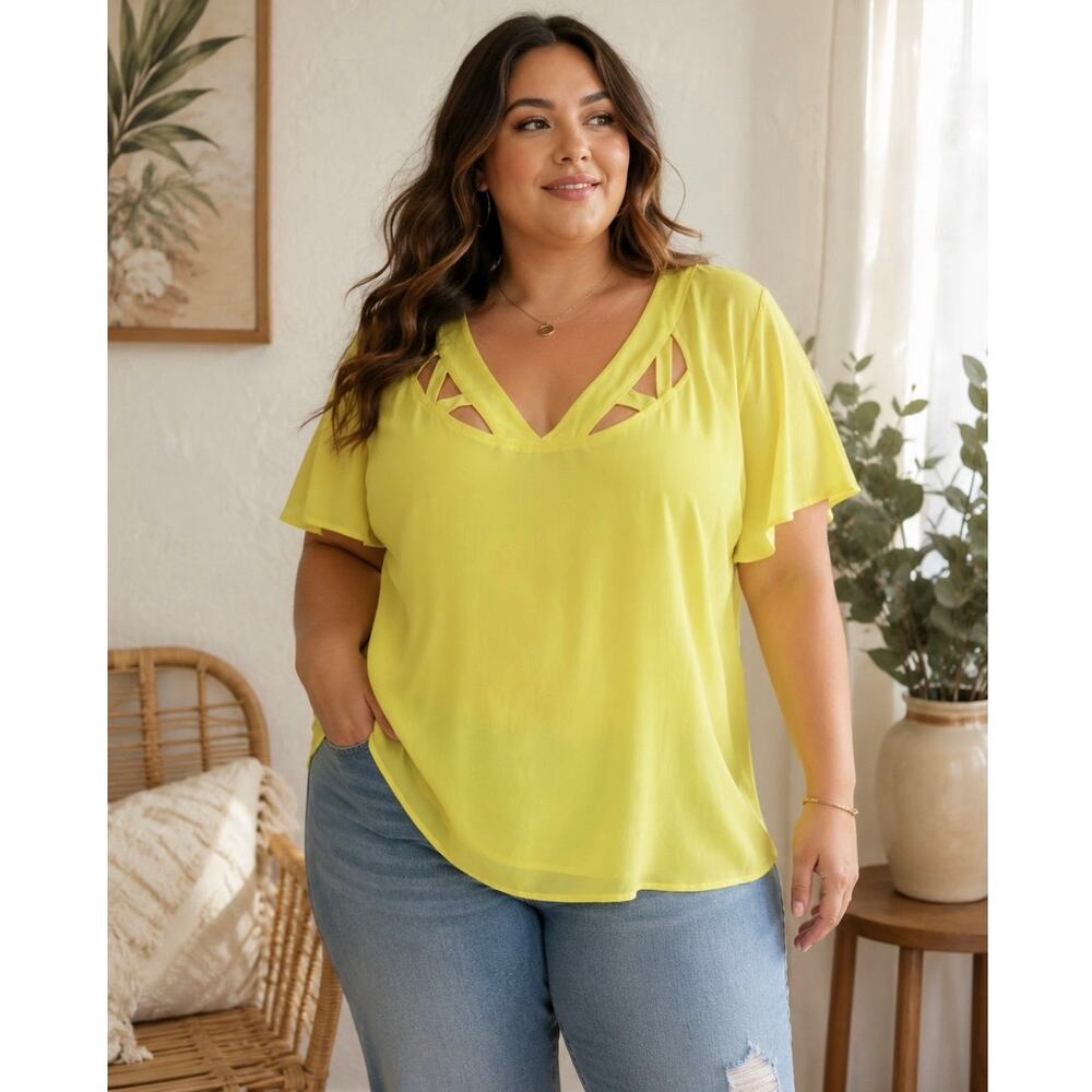 Torrid Georgette Cage Front Blouse Lemon Tonic Yellow Flutter Sleeve Plus 0X NWT